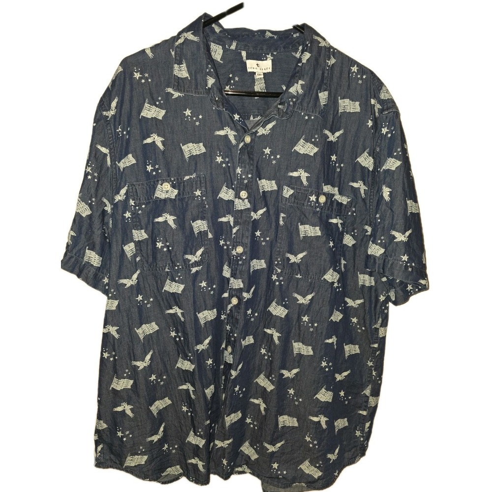 True Craft Shirt Men Size XXL Chambray Button Down Americana Print Short Sleeve
